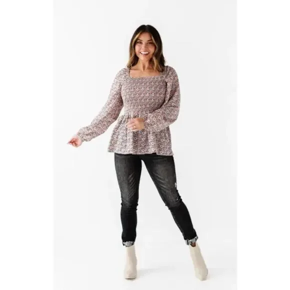 Hayden Smocked Puff Sleeve Floral Print Square Neck Peplum Blouse Women Sz S - Picture 4 of 9